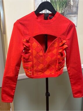 WOW couture Red Cutout Woven-Panel Long Sleeve Crop Top